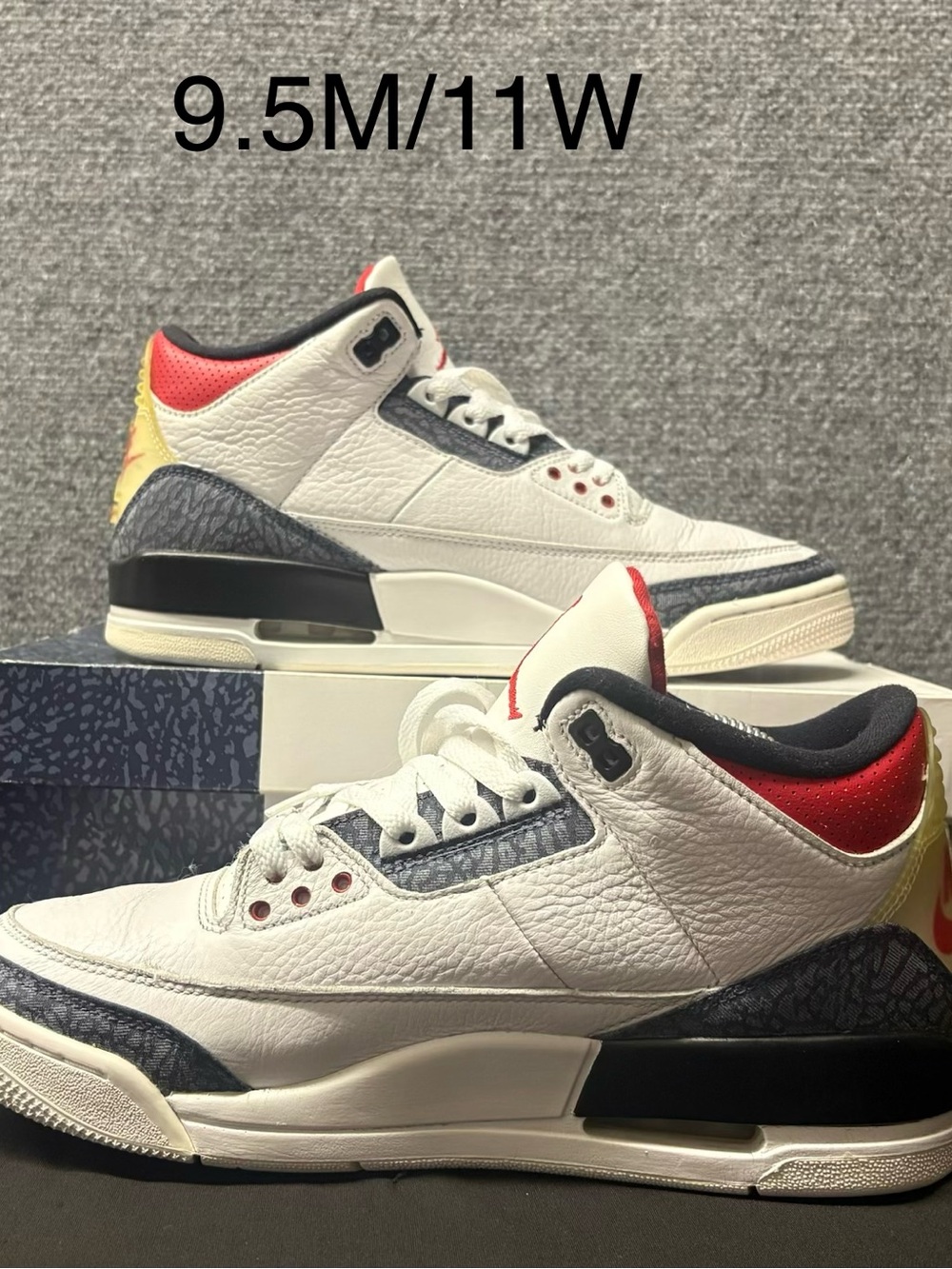Air jordan 3 Fire Red Denim size 9.5 Men pre owned excellent condition. OG BOX